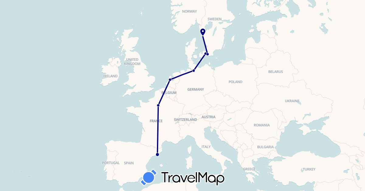 TravelMap itinerary: driving in Germany, Denmark, Spain, France, Netherlands, Sweden (Europe)